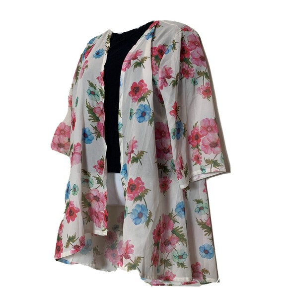 New Pink Milly Floral Duster Open Front Floral 3/4 Sleeve Cover Up Swimwear M - Picture 13 of 14